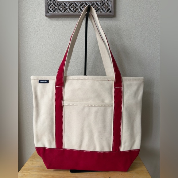 Lands End 100% Cotton Zip Top Canvas Heavy Duty Tote Bag L Ivory/Red | Travel - Picture 3 of 11